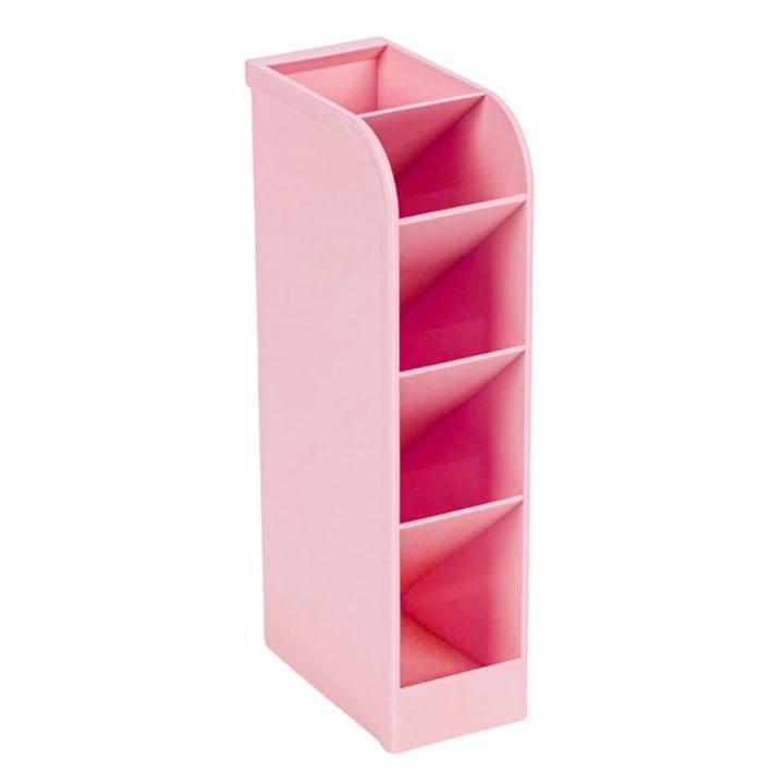 Organizator de birou, suport pixuri si creioane, cu 4 compartimente, model slim, roz, vertical sau orizontal, plastic, 9x4,5x20 cm