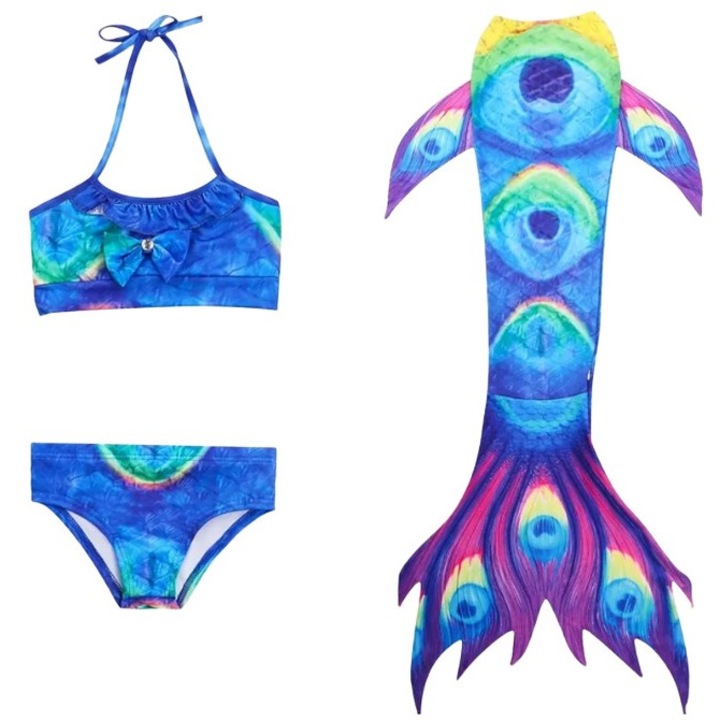 Costum de baie Sirena THK®, include, Galben/Mov/Albastru
