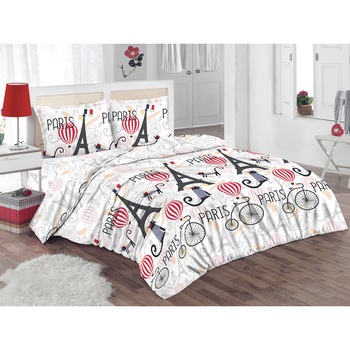 Set lenjerie de pat (cearsaf + husa pilota + 2 huse perne) pentru pat de dimensiuni 160x200 cm, 132TC, 100% bumbac, Tour Eiffel / Paris, multicolor Set lenjerie de pat (cearsaf + husa pilota + 2 huse perne) pentru pat de dimensiuni 160x200 cm, 132TC, 100% bumbac, Tour Eiffel / Paris, multicolor