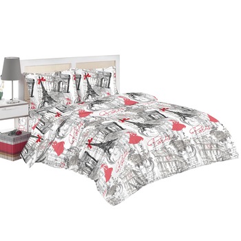 Set lenjerie de pat (cearsaf + husa pilota + 2 huse perne) pentru pat de dimensiuni 160x200 cm, 132TC, 100% bumbac, gri/rosu Set lenjerie de pat (cearsaf + husa pilota + 2 huse perne) pentru pat de dimensiuni 160x200 cm, 132TC, 100% bumbac, gri/rosu
