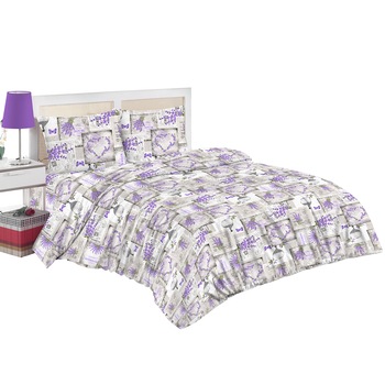 Set lenjerie de pat (cearsaf + husa pilota + 2 huse perne) pentru pat de dimensiuni 160x200 cm, 132TC, 100% bumbac, imprimeu lavanda si fluturi, mov/gri Set lenjerie de pat (cearsaf + husa pilota + 2 huse perne) pentru pat de dimensiuni 160x200 cm, 132TC, 100% bumbac, imprimeu lavanda si fluturi, mov/gri