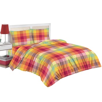Set lenjerie de pat (cearsaf + husa pilota + 2 huse perne) pentru pat de dimensiuni 160x200 cm, 132TC, 100% bumbac, imprimeu carouri, multicolor Set lenjerie de pat (cearsaf + husa pilota + 2 huse perne) pentru pat de dimensiuni 160x200 cm, 132TC, 100% bumbac, imprimeu carouri, multicolor