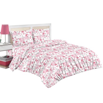 Set lenjerie de pat (cearsaf + husa pilota + 2 huse perne) pentru pat de dimensiuni 160x200 cm, 132TC, 100% bumbac, gri/roz Set lenjerie de pat (cearsaf + husa pilota + 2 huse perne) pentru pat de dimensiuni 160x200 cm, 132TC, 100% bumbac, gri/roz