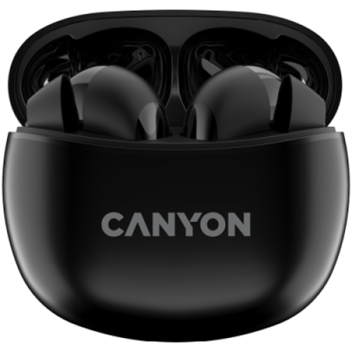 Canyon TWS-5 Bluetooth headset, with microphone, BT V5.3 JL 6983D4, Frequence Response:20Hz-20kHz, battery EarBud 40mAh*2+Charging Case 500mAh, type-C cable length 0.24m, size: 58.5*52.91*25.5mm, 0.036kg, Black CNS-TWS5B