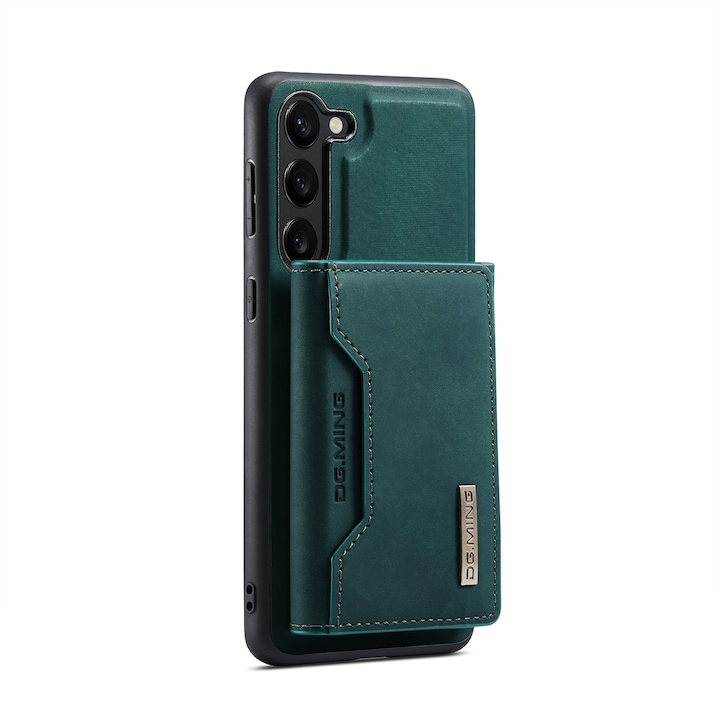 Husa pentru Samsung Galaxy S23 piele cu textura fina, back cover, portofel detasabil cu buzunare pentru bancnote si carduri, functie stand, CaseMe, Verde