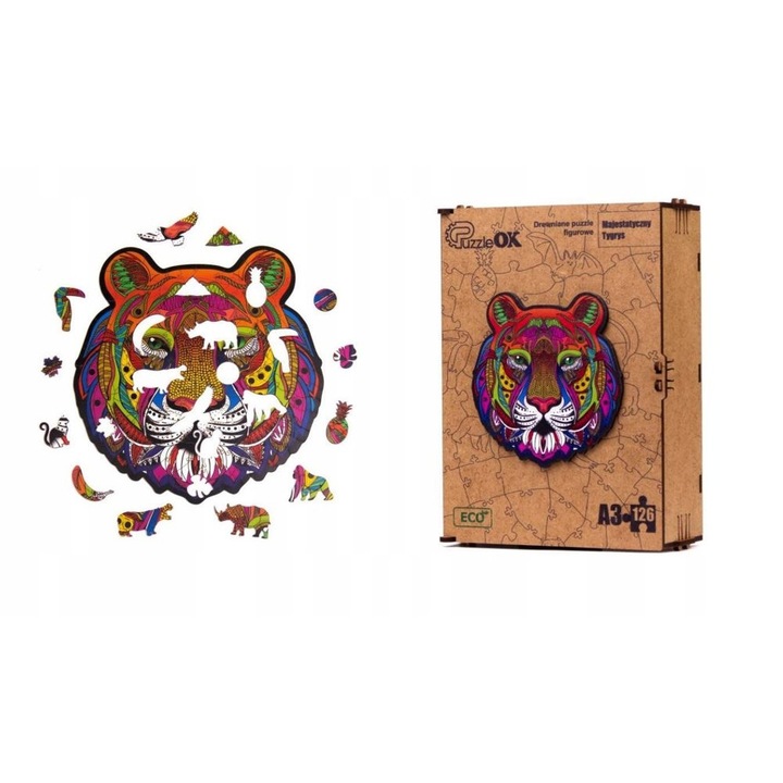 Fa puzzle, ECO, Majestic Tiger Model, 66 db, 6+ év, 21x15x7cm, Többszínű