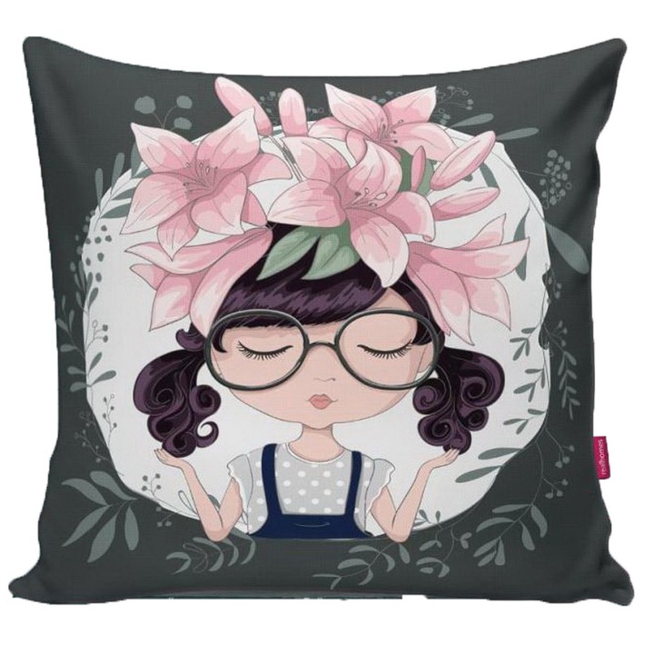 Декоративна калъфка Момиче с цветята, В размер 45х45 см., Многоцветен