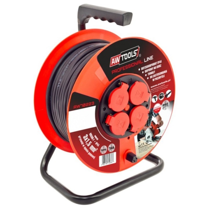 Удължителен кабел на макара с барабан AWTools AW70222, 4 изхода, 40 м