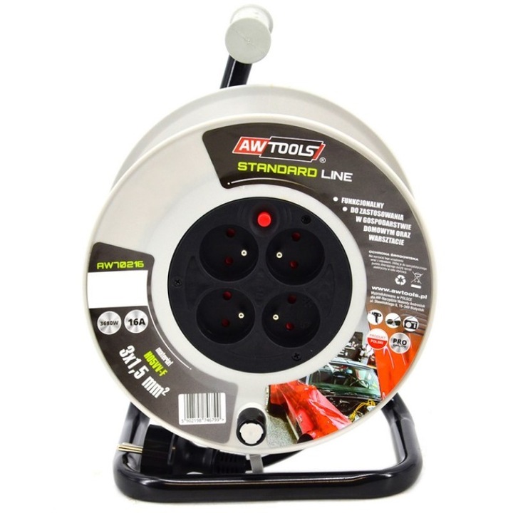 Удължителен кабел на макара с барабан, AWTools AW70219, 4 изхода, 50 м