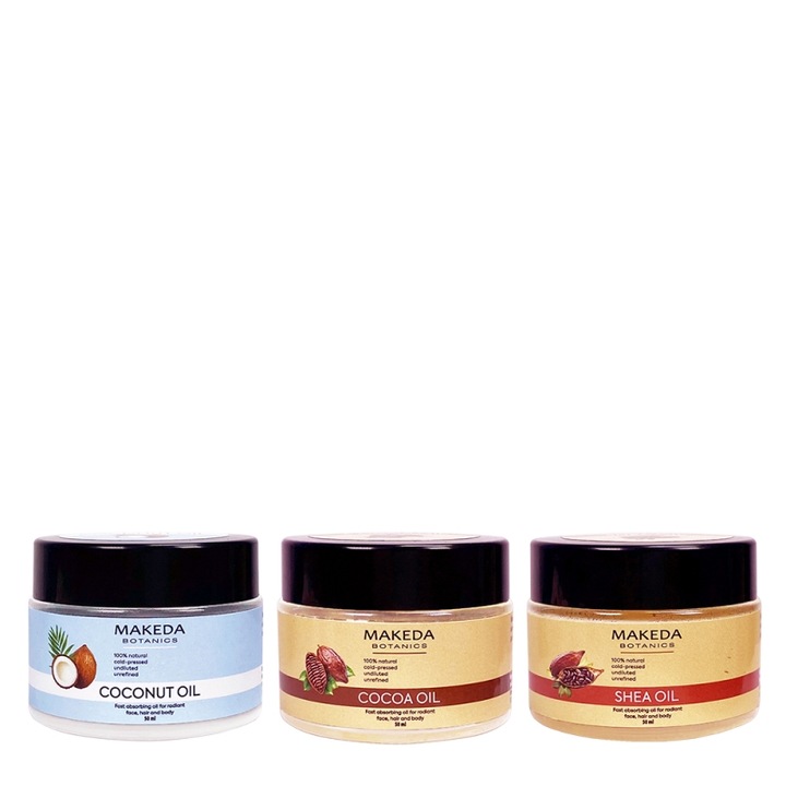 Комплект от три базови масла MAKEDA Botanics, Кокосово Какаово масла, Шеа, за лице, коса и тяло, 100% натурални, всяко по 50 мл