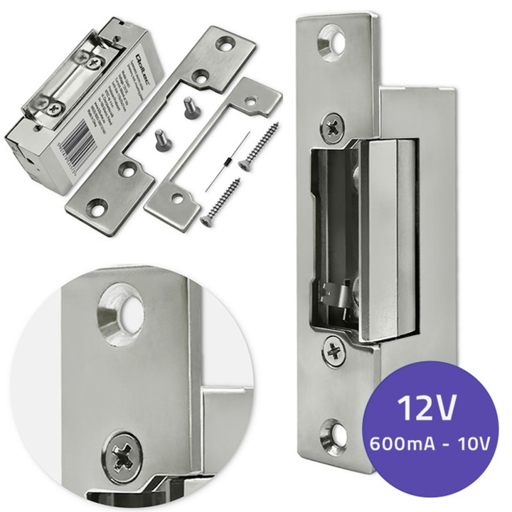 Yala, Zavorare electrica simetrica cu memorie si incuietoare, Qoltec, placa de montaj, 12V, Curent: 600mA - 10V, Directie: Dreapta, Reglare cu clichet, Aliaj de zinc / otel inoxidabil, 110 x 25 x 31 mm
