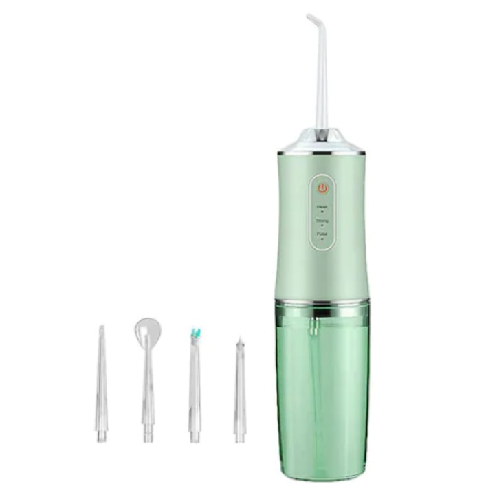Irigator Profesional Oral pentru dus bucal, 4 Capete Curatare Anti-Tartru, Portabil, Rezervor 220 ml, Verde