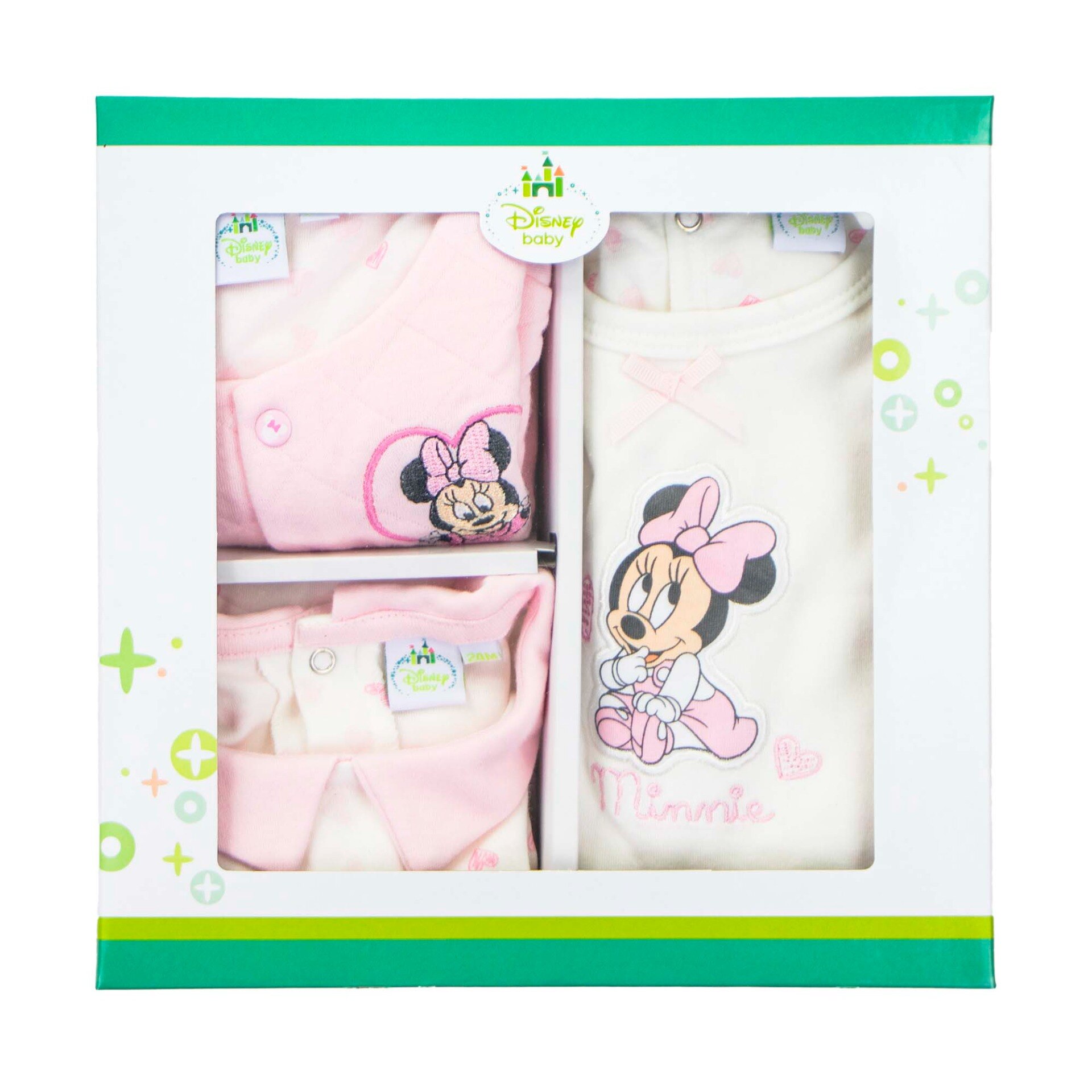 Set bebelusi bolero cu body si salopeta, Minnie Mouse, Roz/Alb, 18 luni ...