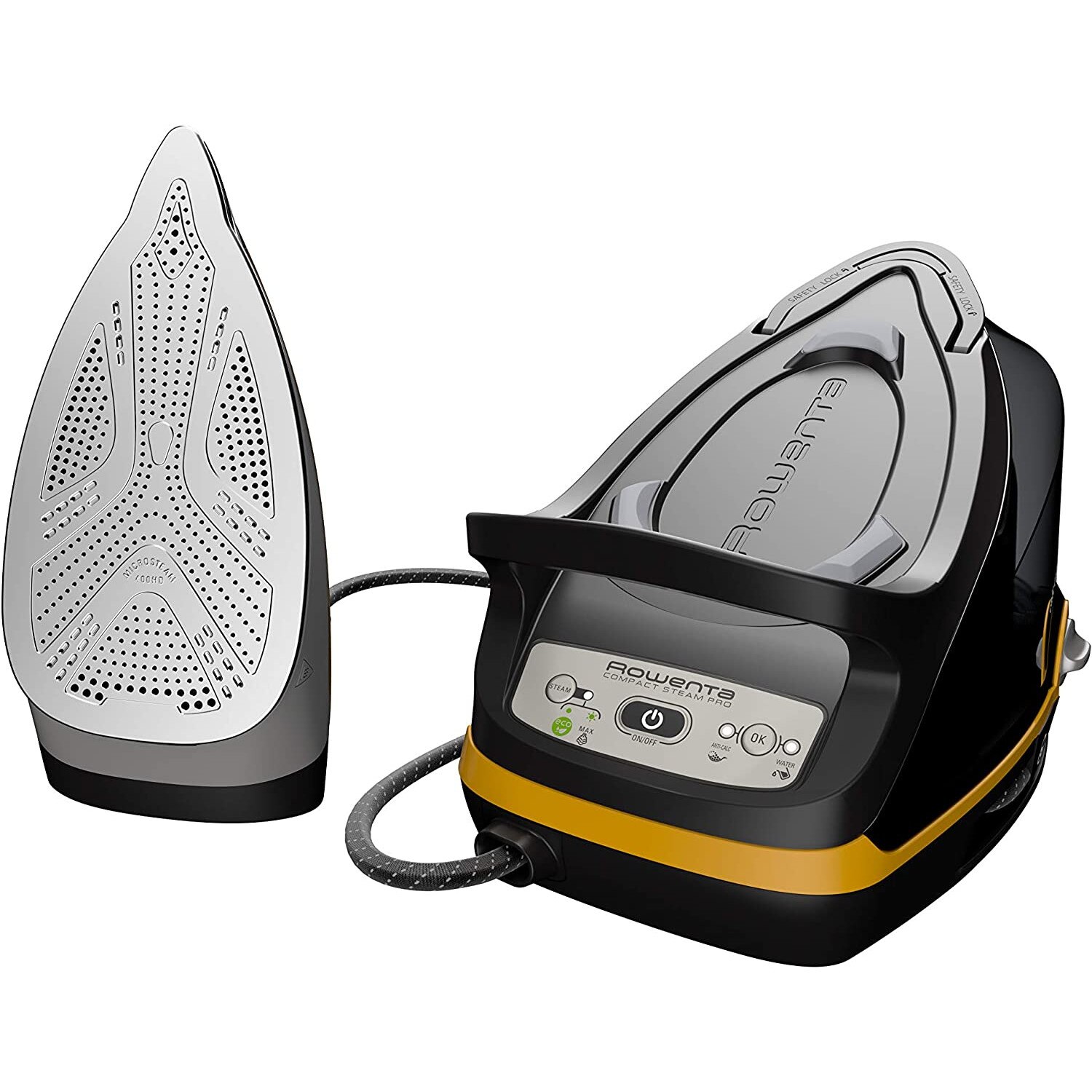 Statie de calcat Rowenta DG7644 Compact Steam Pro, 2200W, 1.1L, 6 bar, 100g/min, jet abur 325g/min, Negru/Galben