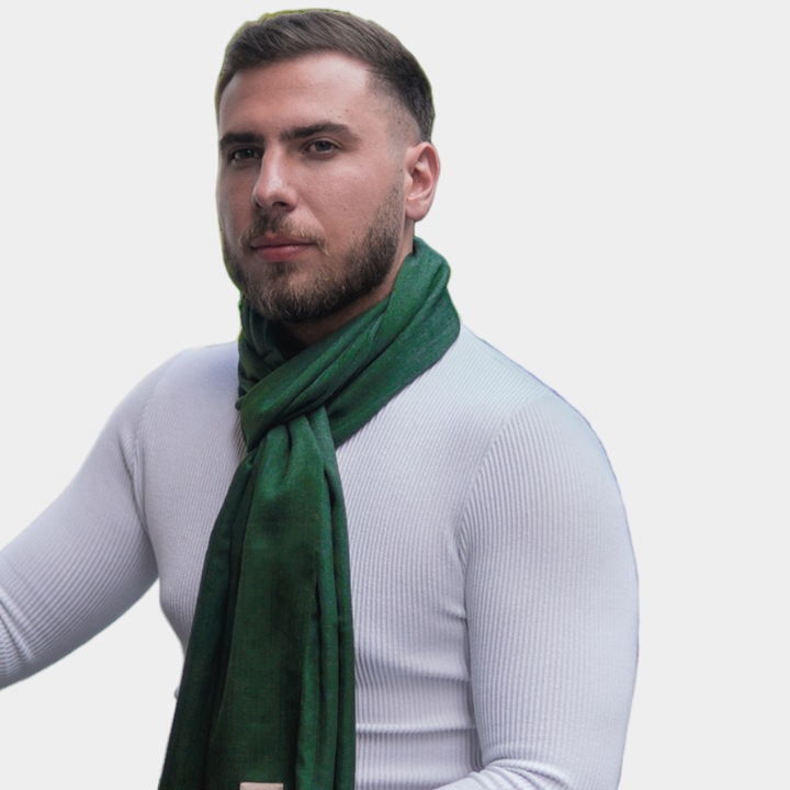 Мъжки шал Shawls of Srinagar, 100% кашмир, Едноцветен, Тъмно зелен, 200х75см