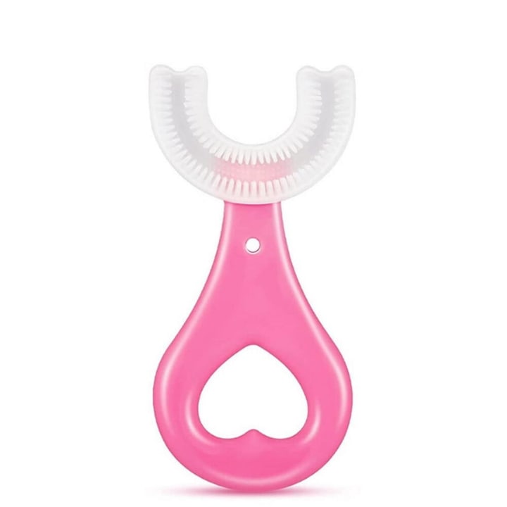 Fogkefe gyerekeknek, 2-7 éves korig, U-alakú, szilikon, 360 fokos fogmosó és fogíny tisztító, szív alakú nyél, rózsaszín