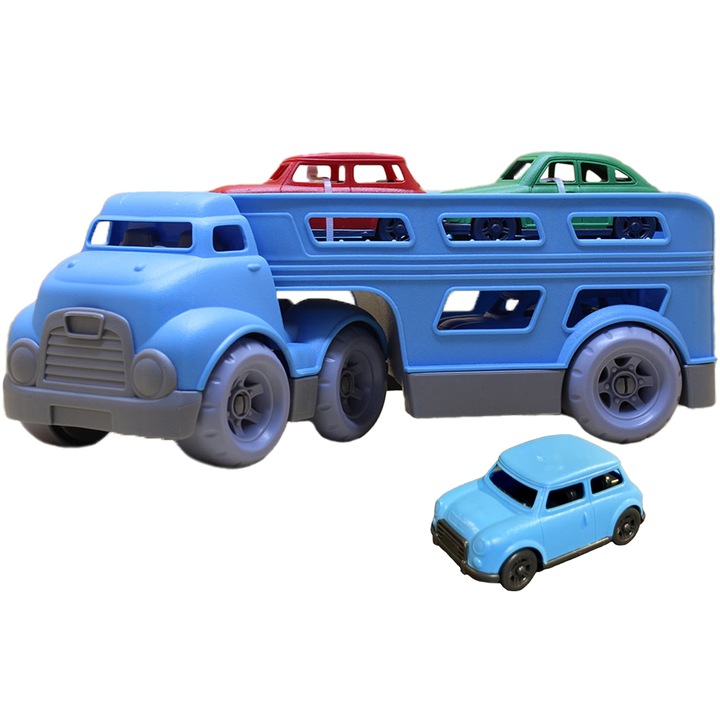 Set camion trailer de jucarie pentru transport de masinute, cu 3 masini din plastic, Albastru - Pitikot®