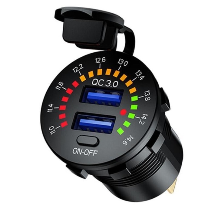 Букса с 2 USB, 12-24V, LED, 2xUSB QC3.0, с волтметър и бутон за включване и изключване, вградена, 63206 Carmotion
