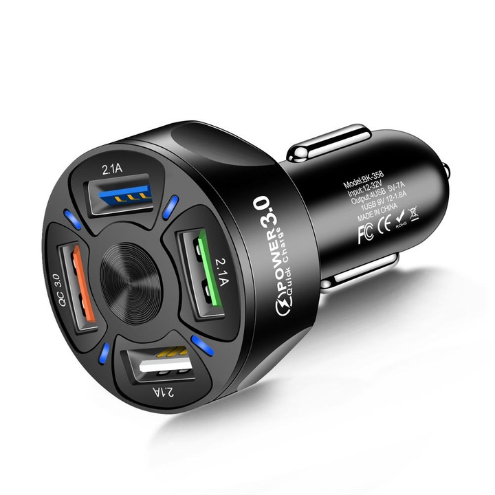 Incarcator Auto Qualcomm Quick Charge 3.0 cu 4 porturi USB, Iluminare LED, Incarcare rapida, Luxer