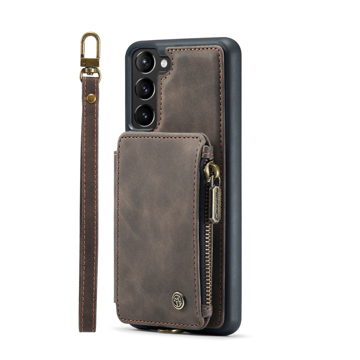 Samsung Galaxy S23 Plus CaseMe tok, bársonyos bőr, hátlap, kártyanyílás, cipzáras zseb, levehető heveder, RFID védelem, Kávébarna