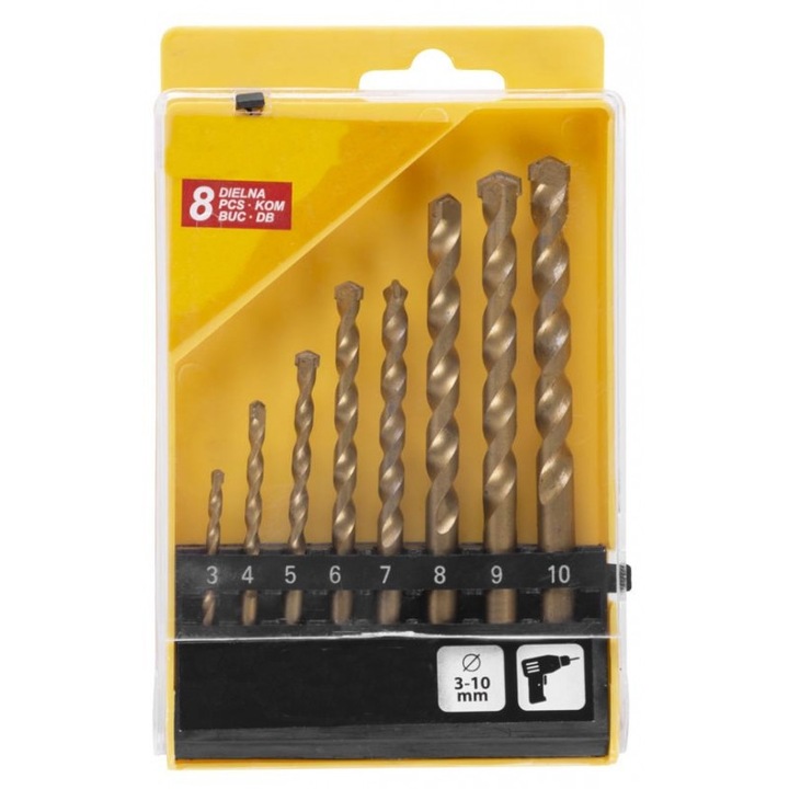 Set 8 bucati burghiu pentru zidarie, 3 - 10 mm, in cutie plastic