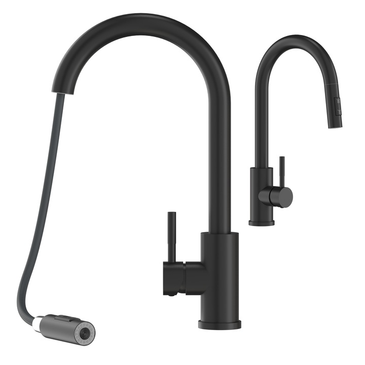 Set baterie de bucatarie cu duza retractabila, Granitan, Libra, 39 cm x 18 cm x 24 cm, otel inoxidabil, cap ceramic, duza rotativa 360°, doua moduri de jet de apa, negru, 2 racorduri flexibile + sistem de prindere