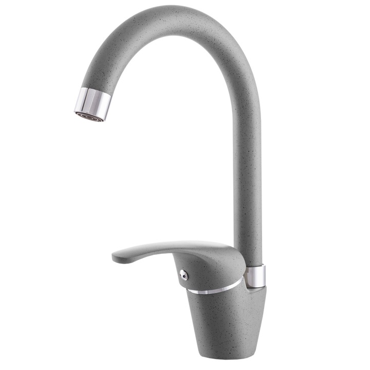 Set baterie de bucatarie, Granitan, Rio, Inaltime 275 mm x Raza de actiune 170 mm x Orificiu de montaj standard 35 mm, Cartus ceramic, Dus rotativ 360°, Perlator inlocuibil m22, Acoperire rezistenta la decolorare si temperaturi ridicate, Gri