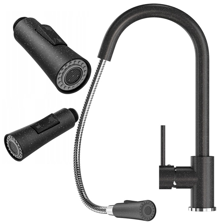 Set baterie de bucatarie cu duza retractabila, Granitan, Libra, Inaltime totala 40 cm x Inaltime pana la duza 18 cm x Raza duzei 26 cm, alama, Cartus ceramic 40 mm, Dus multifunctional, Duza rotativa 360', Negru