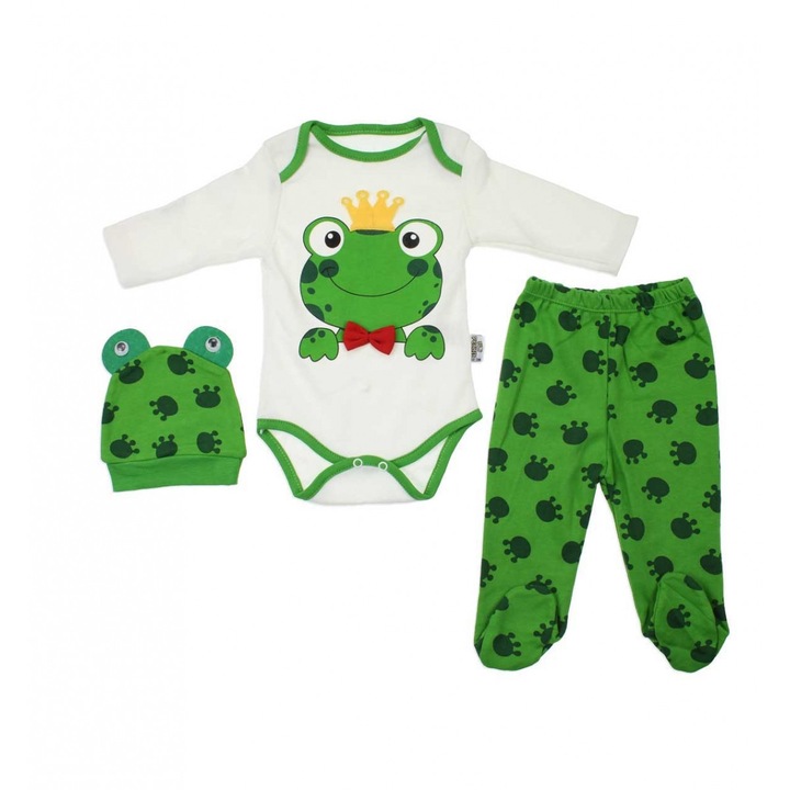 Set bebelusi - pantaloni cu talpa, body si caciulita - model broscuta - 3-6 luni