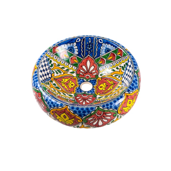 Lavoar rotund Sandra, multicolor, din ceramica pictat manual, montaj pe blat 43x43x13 cm