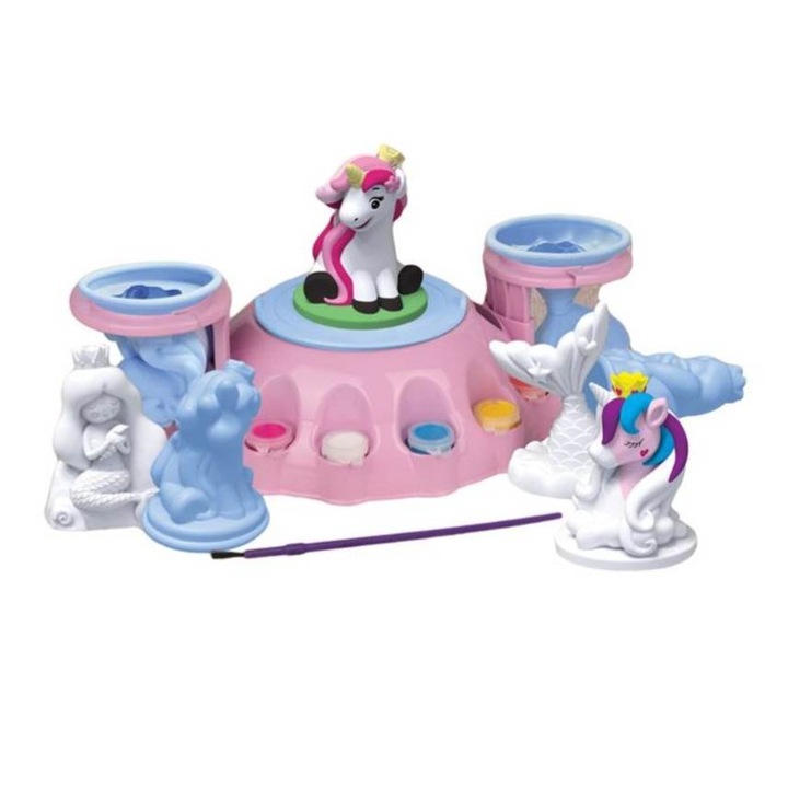 Set pentru scluptura din ipsos, unicorni, cu 5 culori pentru pictura si o pensula, Multicolor, 20x7x30 cm