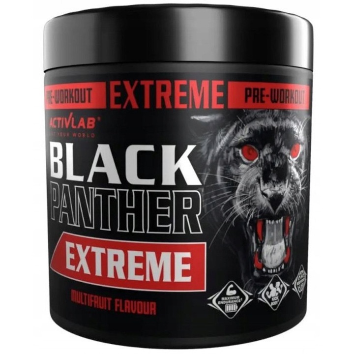 Activlab BLACK PANTHER EXTREME Supliment Pre‑Antrenament, complex cu creatina, aminoacizi, cafeina si minerale, formula pentru sportivi activi, 300 g, aroma multifructe
