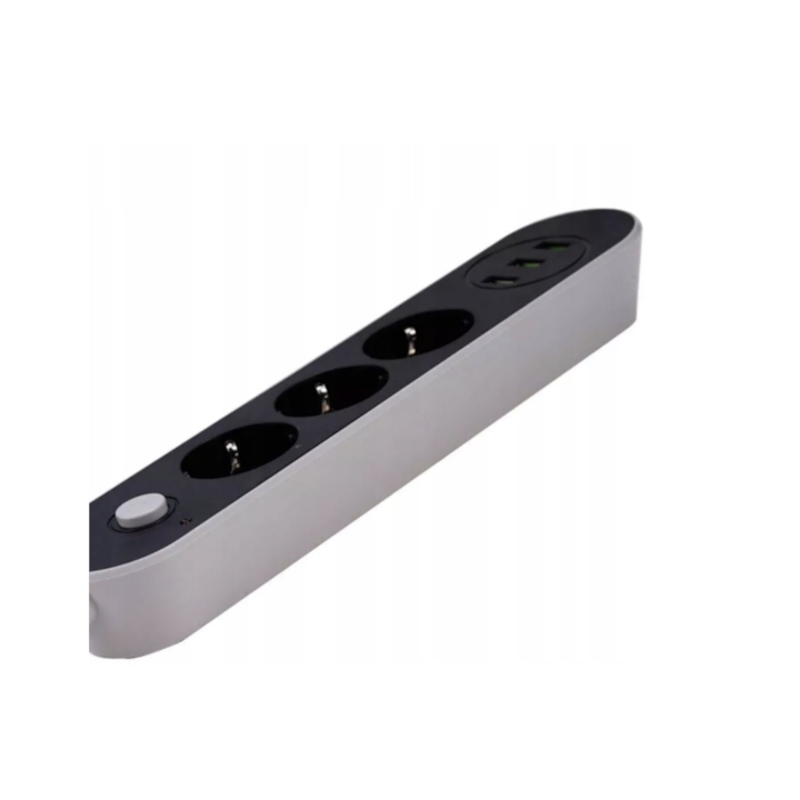 Удължителен кабел 2500W с 3 гнезда и 3 USB порта, Gonga® Black