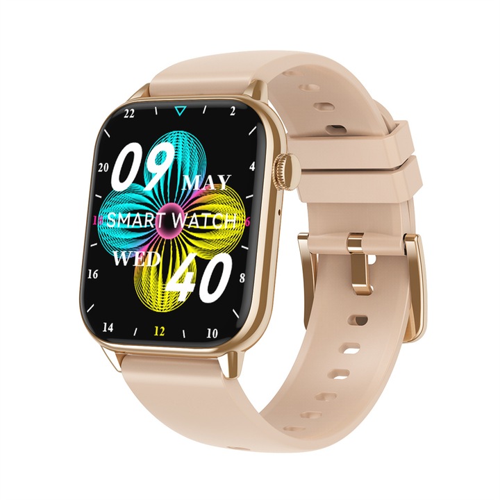 Ceas Smartwatch Star® Collection IdealStore, Ecran Tactil 1.85 inch, NFC, Preluare Apeluri si Mesaje Bluetooth, Monitorizare Ritm Cardiac si Somn, Difuzor si Microfon incorporat, IP67, Alarma, Android-IOS, Gold Silicon