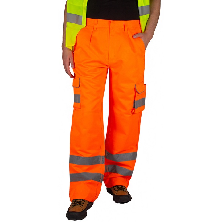Мъжки работен панталон Cargo със светлоотразителни ленти, Neon Orange, 48/32