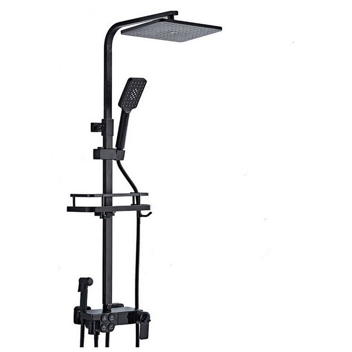 Coloana de dus cu termostat, neagra, reglabila pe inaltime, cu display Led si functie de bideu, AquaSpa