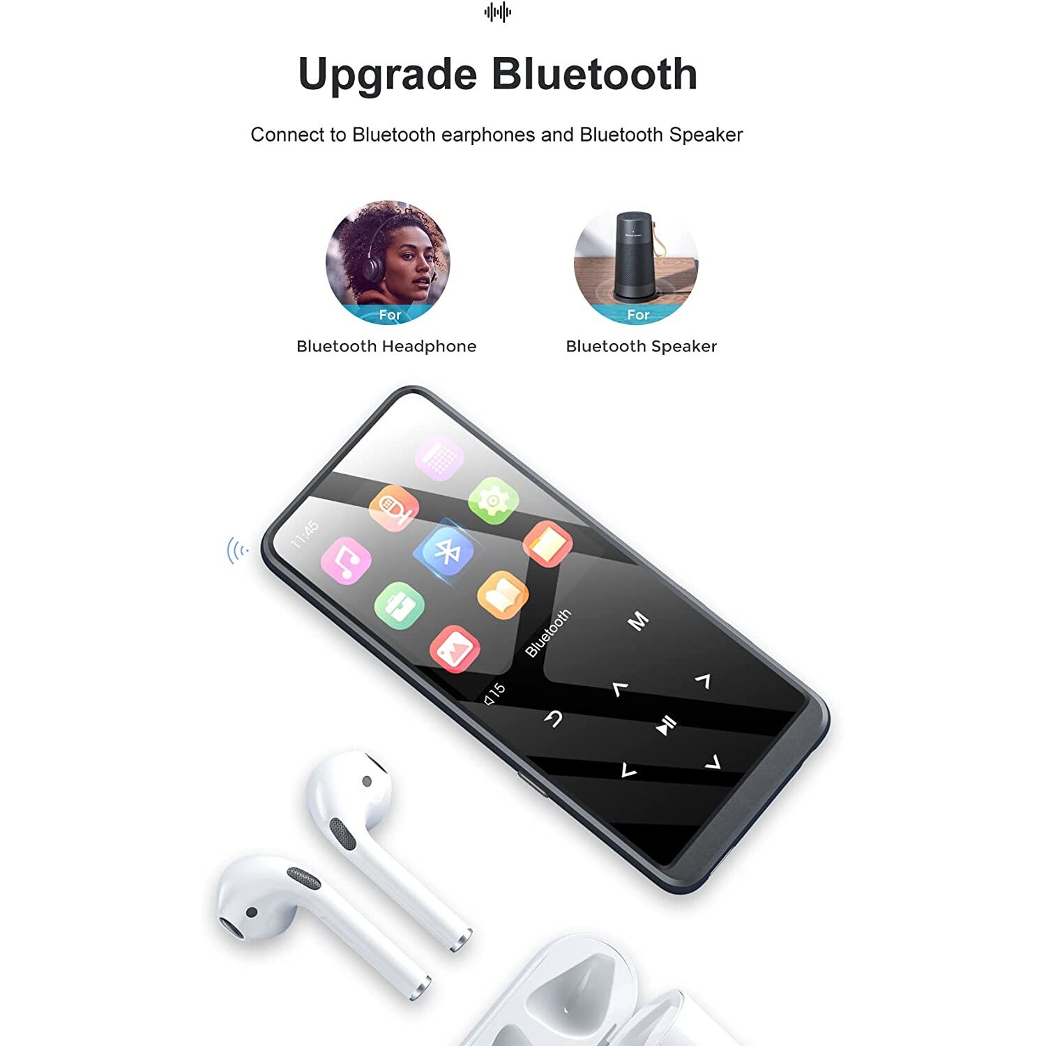 MP3 плейър 64 GB с Bluetooth, 2,4 инча екран, FM радио, сензорни бутони ...