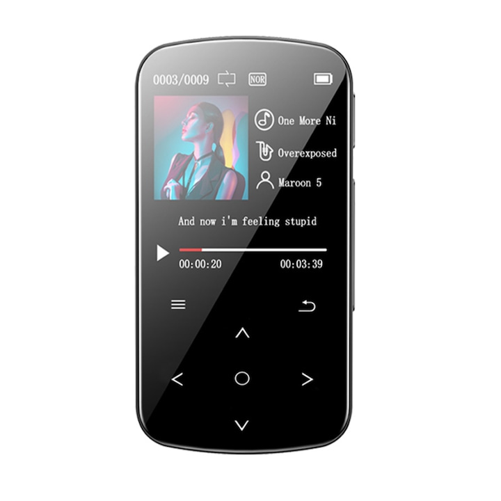 Player MP3 cu touchscreen 1,54 inch, Clip prindere, 64 GB suporta pana la 128 GB, HIFI Audio, Bluetooth, Pedometru, Radio FM, Negru