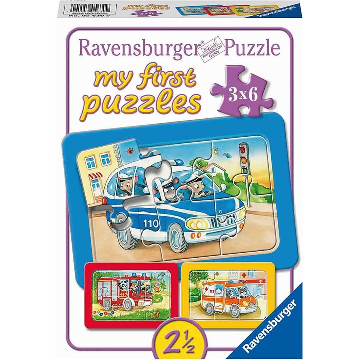 Пъзел Ravensburger - Животни, управляващи превозни средства, 3x6 части