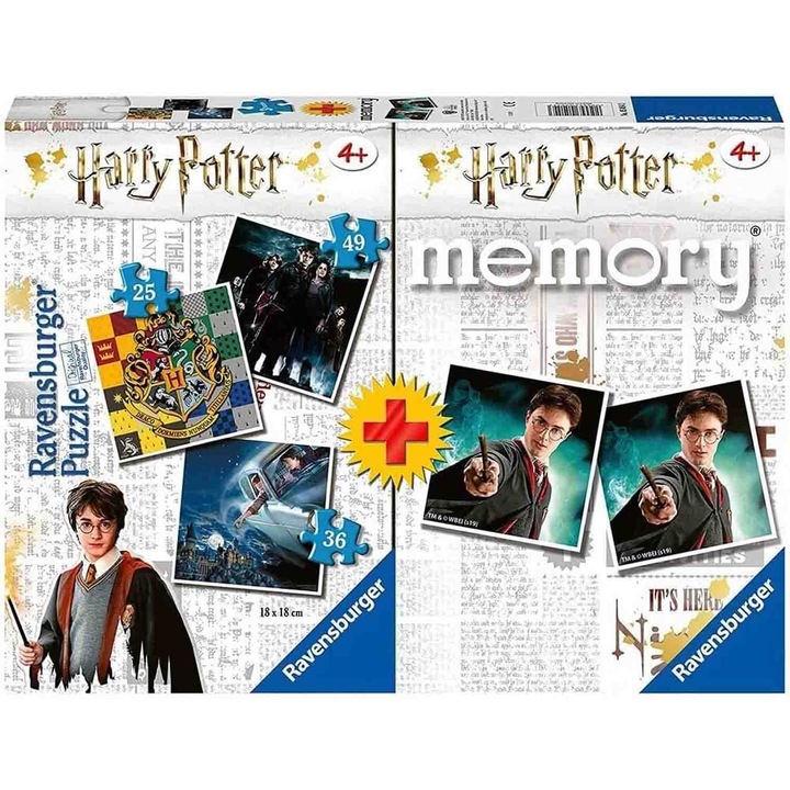 3 db-os puzzle készlet + memóriajáték Ravensburger - Harry Potter, 25/36/49 darab