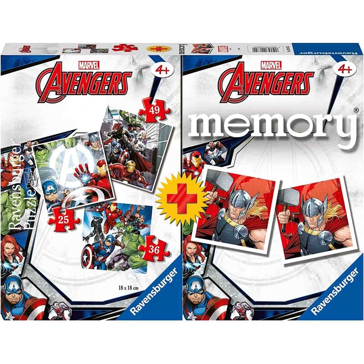3 puzzle-ból álló készlet + memóriajáték Ravensburger - Marvel Avengers, 25/36/49 darab