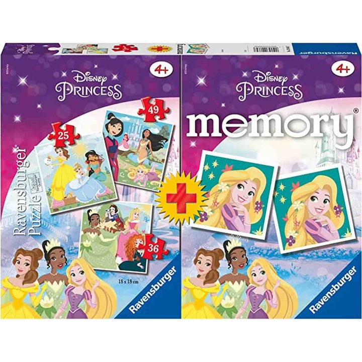 Комплект 3 пъзела + игра за памет Ravensburger - Disney Princess, 25/36/49 части