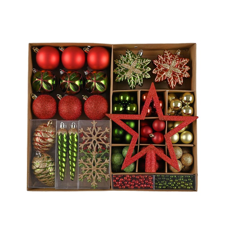 Set 91 de ornamente brad Kring, diverse forme si dimensiuni, plastic, Rosu/Verde