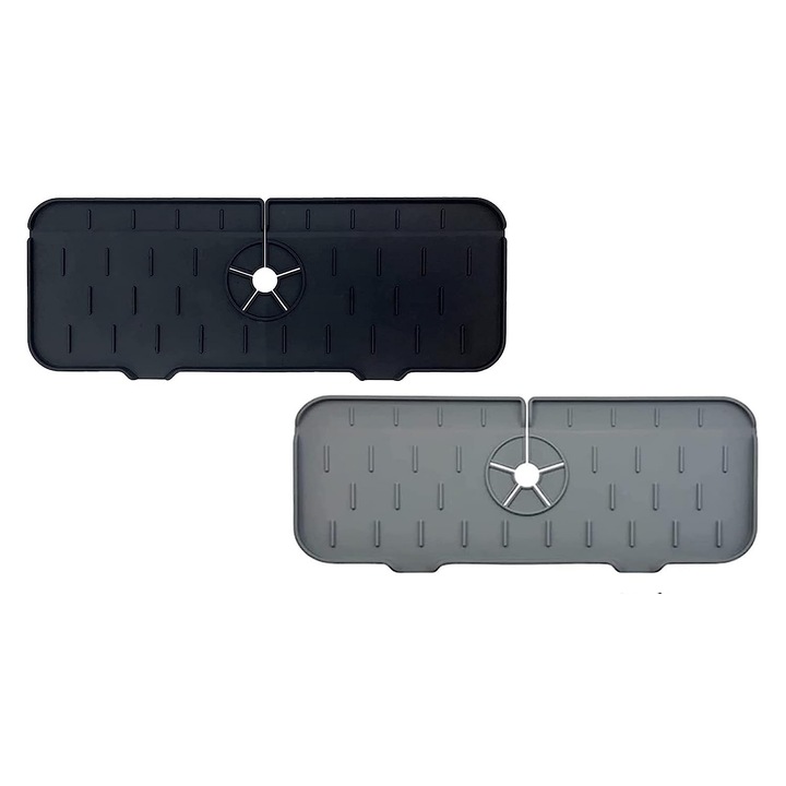 Set 2 accesorii pentru chiuveta, Silicon, Gri/Negru