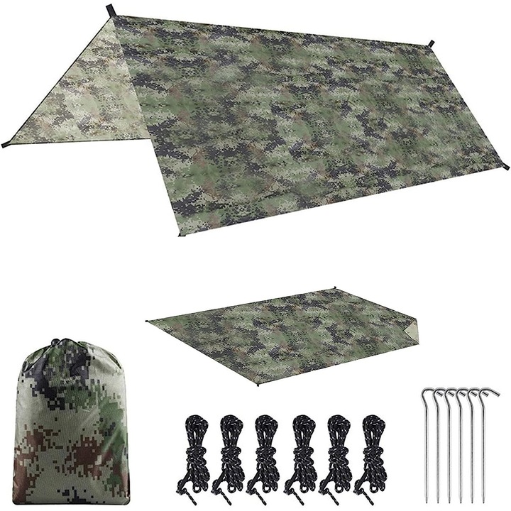 Prelata cort, cu accesorii, pentru camping, pescuit si adapost, Impermeabila, Poliester, 300x300 cm, Camuflaj