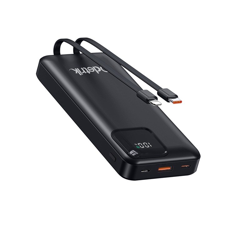 Baterie externa, Odetrik, 20000mah, Incarcare rapida 22.5W, PD & QC 3.0, USB/Type C/Micro, Cabluri incorporate USB-C/Lightning, Afisaj Digital LCD, Negru