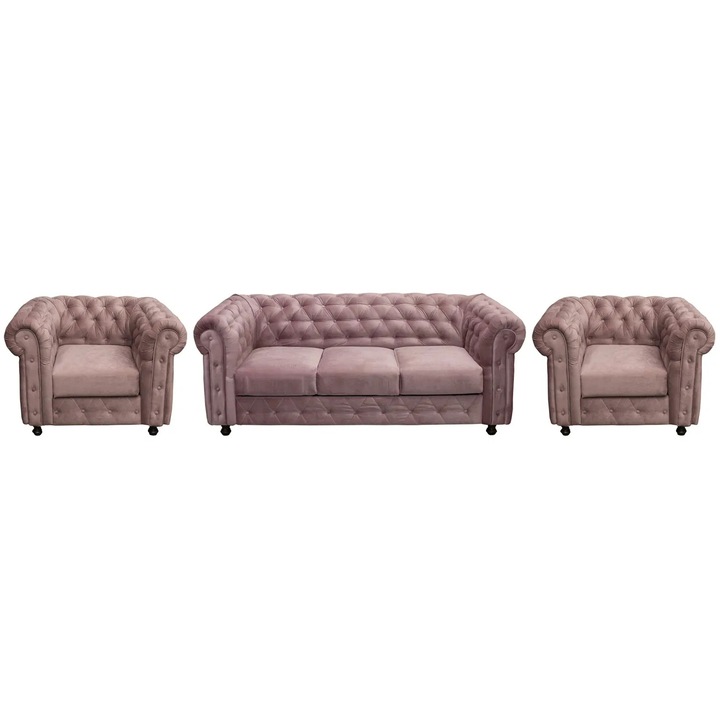 Set canapea extensibila 3 locuri si 2 fotolii fixe, Expomob CHESTERFIELD 3-1-1, dimensiune 205x90x80 cm, roz prafuit