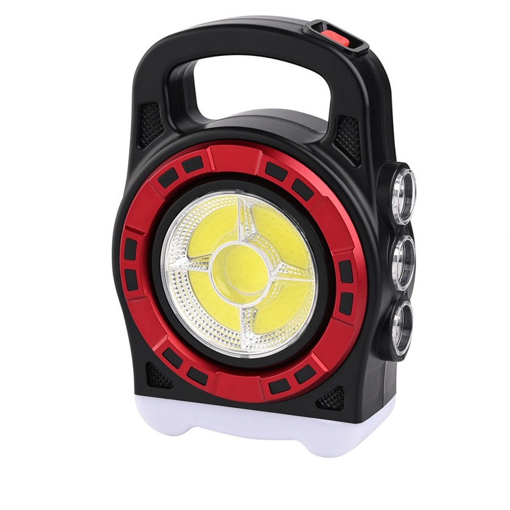 Lanterna solara LED+COB 20W, Powerbank 3 moduri iluminare, Incarcare Solara sau prin USB, Waterproof IP44, Culoare Negru/Rosu