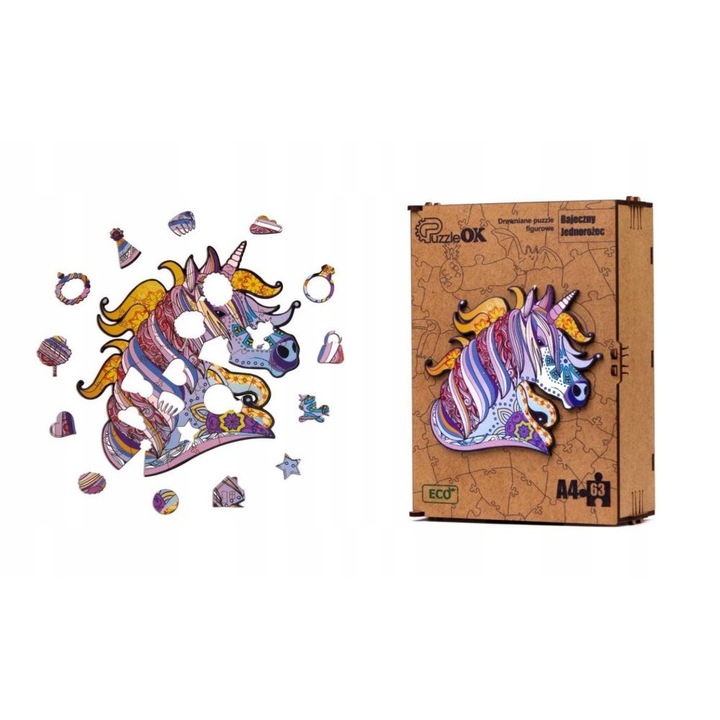 Fa puzzle, ECO, mese Unikornis modell, 63 db, 6+ év, 21x15x7cm, Többszínű