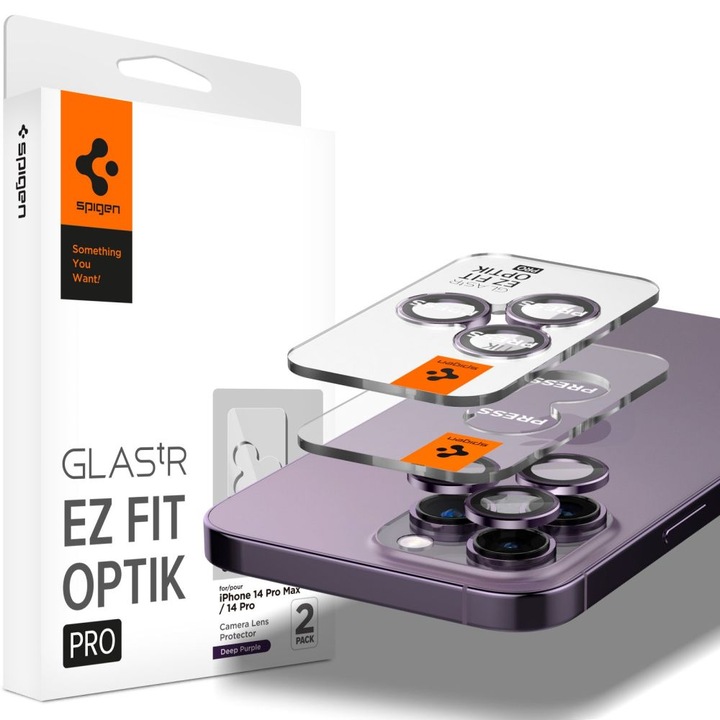 Стъклен протектор за камера Spigen Optik.TR ”Ez Fit” 2-Pack за iPhone 14 Pro / 14 Pro Max, Deep Purple